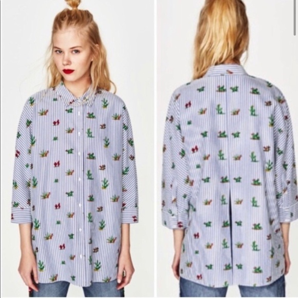 Zara Striped Cactus Print Blue White Oversized Button Down Shirt XL